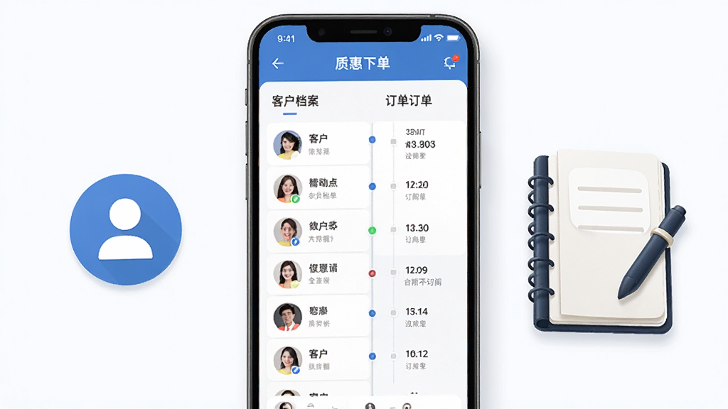 画面展示质惠下单系统的客户档案与历史订单界面,手机屏幕中出现客户列表与订单时间轴,旁边配有联系人图标与记录本元素,布局对称、排版简洁,风格为清爽商务插画,细节丰富,画质高清,干净无多余元素