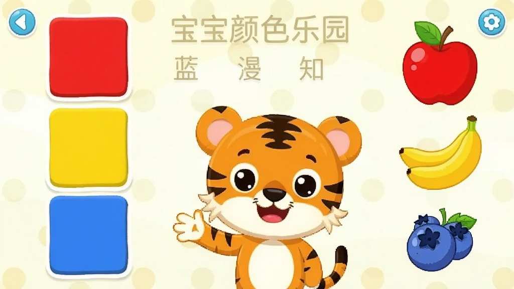 宝宝颜色乐园颜色认知界面,画面左侧排列红黄蓝三个大色块,右侧分别对应苹果、香蕉、蓝莓的卡通图案,中间有可爱的卡通小老虎引导员,背景为浅色圆点装饰,整体为儿童教育类APP截图风格,色彩明快,布局清晰,画质干净