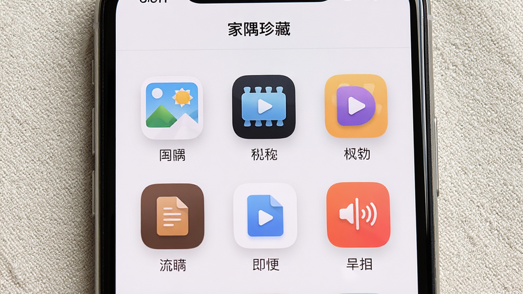 画面主体为一部手机屏幕特写,屏幕中展示“家隅珍藏”应用的文件夹网格界面,网格中包含照片、视频、文档、录音四类图标,图标下方配有中文分类标签,手机置于浅色布面上,布局为正面平视构图,屏幕占据画面主要区域,风格为清爽产品展示风,细节包含图标圆角、轻微阴影、屏幕高光,画质干净锐利,无多余装饰元素