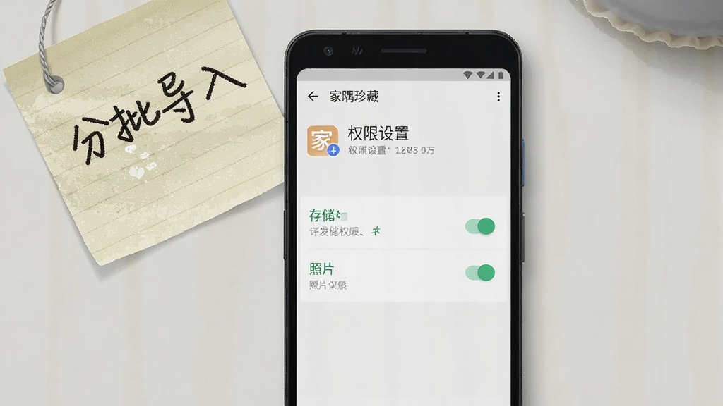 画面主体为一部安卓手机屏幕显示“家隅珍藏”应用权限设置界面,界面中包含存储权限与照片权限开关,手机旁边放置一张手写便签写有“分批导入”字样,布局为俯拍构图手机居中,便签位于左上角,风格为数码产品使用教程插图,细节包含屏幕UI元素、便签纸张纹理、桌面浅色背景,画质清晰干净,无多余装饰