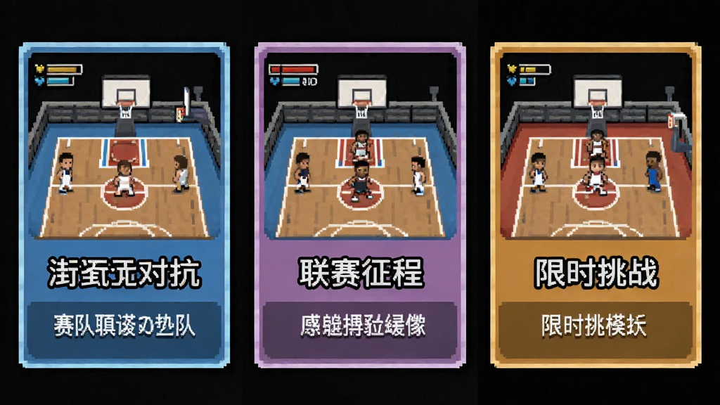 像素篮球梦之队赛事选择界面,画面以卡片形式排列街头对抗、联赛征程、限时挑战三个模式入口,每张卡片配有像素风球场缩略图与模式说明,整体采用16位像素美术风格,布局整齐,画质干净,无多余元素