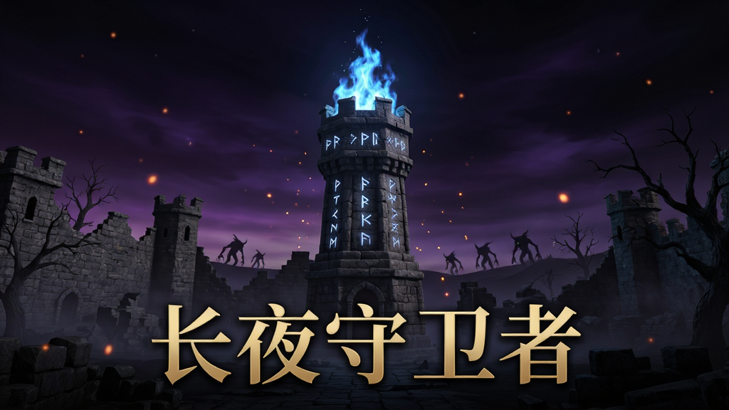 暗黑哥特风格的游戏主界面场景,画面中央是一座矗立在永夜荒原上的古老石质哨塔,塔身布满符文刻痕,塔顶燃烧着幽蓝色火焰,四周环绕着残破的城墙与枯树,远处天幕呈现深紫与墨黑渐变,数道暗影生物剪影正从地平线方向逼近,画面下方用金色衬线字体写着“长夜守卫者”四个字,整体布局为横版构图,上方留出天空层次,下方为地面与角色站位区域,风格为暗黑奇幻游戏宣传图,细节包含火焰粒子、雾气弥漫、石砖纹理清晰,画质为高清2K,干净无多余元素