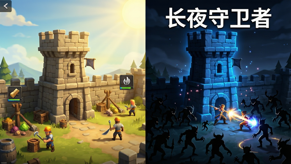 画面分为左右两个对比区域,左侧为白昼场景,暖黄色阳光洒在石质防御塔与忙碌的工匠角色身上,塔楼旁有资源采集点与升级图标;右侧为黑夜场景,同一座防御塔被幽蓝光芒笼罩,塔前出现成群的暗影怪物剪影,英雄角色正在释放技能光效,画面顶部用白色字体标注“长夜守卫者”,整体布局为左右对称构图,风格为暗黑奇幻策略游戏界面展示,细节包含昼夜光影过渡、粒子特效、怪物轮廓清晰,画质高清,干净无多余元素