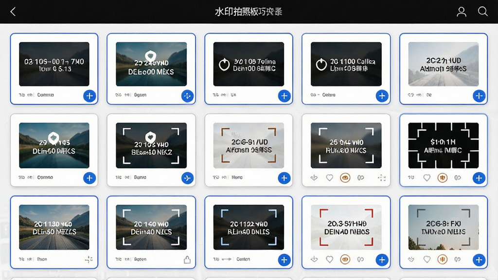 主体为水印拍照软件的水印模板选择页面,画面中排列多个水印样式预览卡片,包含时间地点、经纬度、打卡框等样式;布局为网格排列、卡片式展示;排版整齐;风格为扁平化UI设计;细节包含每个模板有缩略预览图、选中状态有蓝色边框、页面顶部有标题栏;画质高清、干净、无多余元素