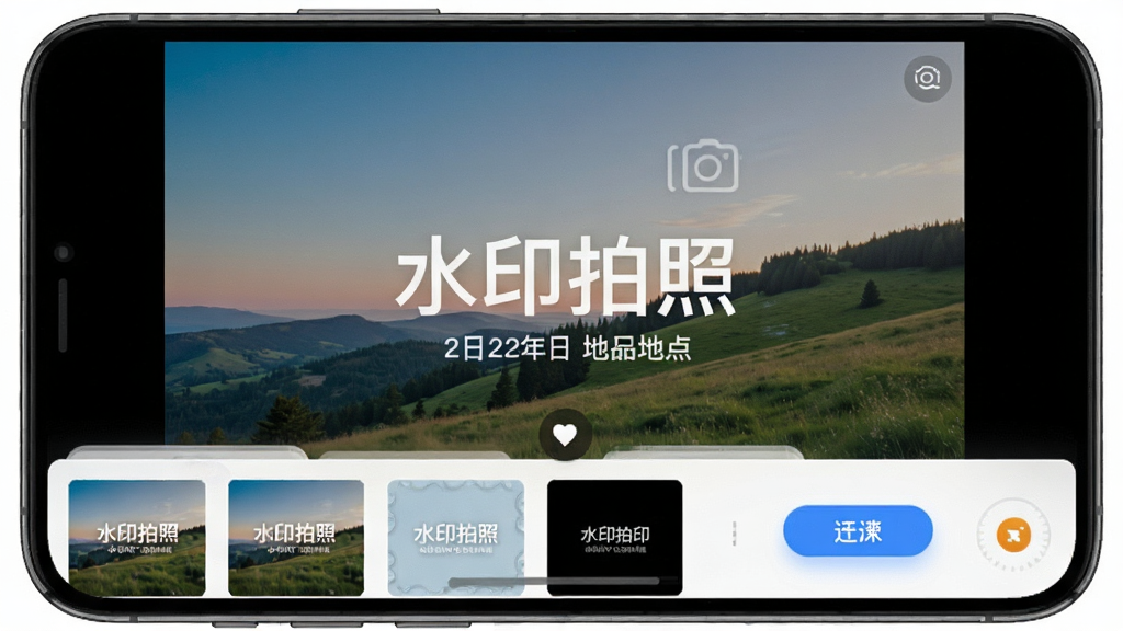 主体为手机相册界面,一张风景照片正在被添加水印,画面中显示“水印拍照”软件的水印模板选择面板;布局为照片占画面主要区域、面板位于底部;排版清晰;风格为手机APP操作展示风;细节包含水印模板缩略图、日期地点文字示例、选择按钮高亮;画质高清、干净、无多余元素