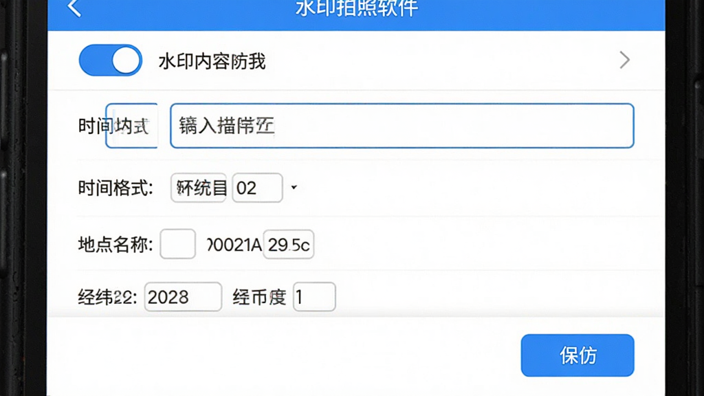 主体为水印拍照软件设置界面,画面中显示水印内容开关选项与文字输入框,包含时间格式、地点名称、经纬度显示等设置项;布局为列表式排列;排版清晰;风格为简洁工具类APP界面;细节包含开关按钮、输入框、保存按钮、界面配色为白底蓝调;画质高清、干净、无多余元素