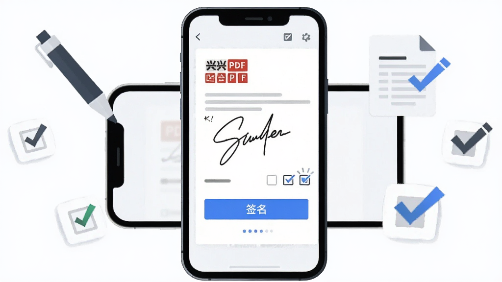 一张展示万兴PDF电子签名与填表功能的插画,主体是一部手机横屏显示PDF合同页面,布局为手机占据画面中央、周围漂浮签名笔和表单勾选图标;排版简洁、重点突出;风格为商务扁平插画;细节包括屏幕上的手写签名轨迹、蓝色“签名”按钮、复选框打勾动画感;画质高清、干净、无多余元素