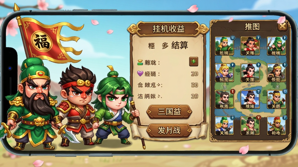 主体为三国挂机战游戏主界面截图风格插画,布局采用手机横屏展示,左侧为Q版关羽张飞赵云三位武将站立,中间为挂机收益结算面板,右侧为推图关卡地图,排版清晰分层,风格为Q版国风卡通,细节包含金色边框、红色战旗、木质按钮、飘落的桃花瓣,画质高清干净无多余元素。