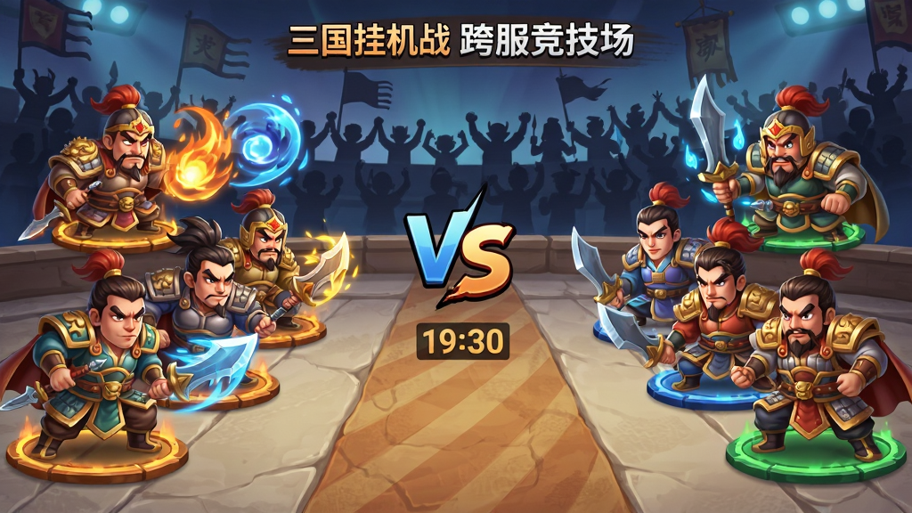 主体为三国挂机战跨服竞技场界面插画,布局为左右两侧各站一队武将阵容对峙,中间为VS标志与倒计时,排版对称,风格为热血国风卡通,细节包含双方武将技能光效、擂台地面纹理、观众席剪影,画质清晰干净无多余元素。
