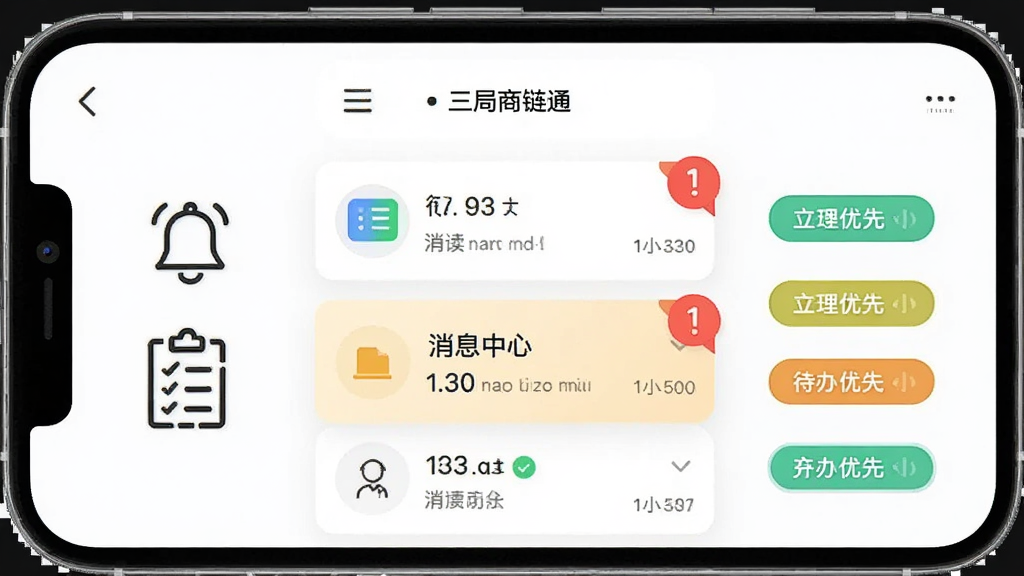 手机界面展示“三局商链通”消息中心与待办列表,画面中央为分级消息卡片与红色角标提醒,左侧为铃铛与清单简笔图标,右侧为待办优先级标签,布局为列表式排版,风格简约扁平,细节包含未读数量与时间戳,画质清晰,画面干净,无多余元素