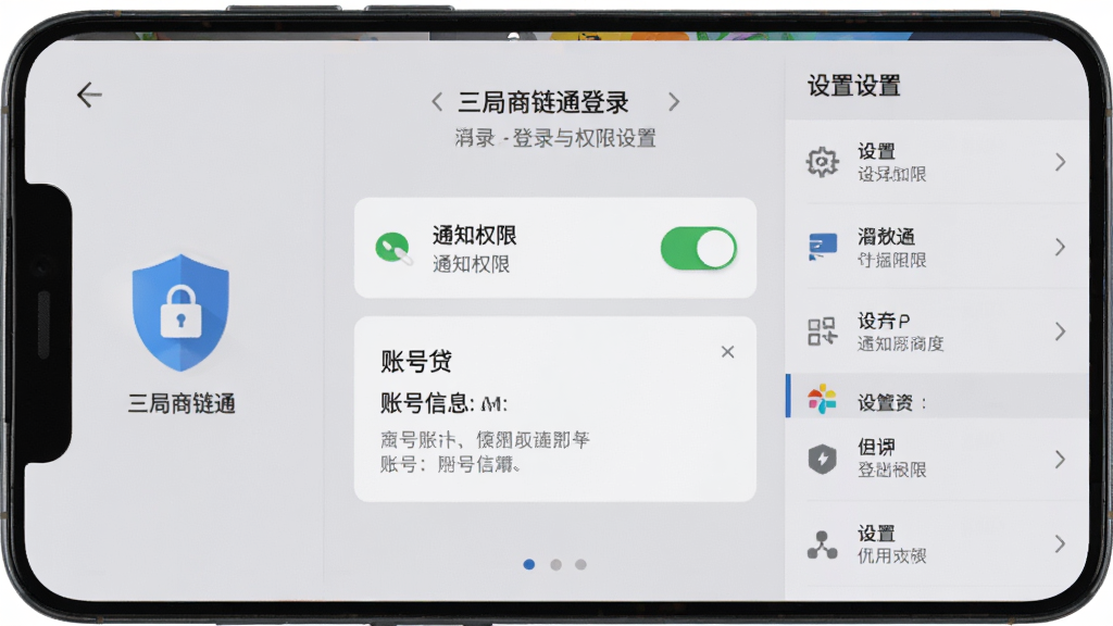 安卓手机屏幕显示“三局商链通”登录与权限设置界面,画面中央为通知权限开关与账号信息卡片,左侧为盾牌安全图标,右侧为设置清单,布局为手机居中、背景浅灰,风格简洁实用,细节包含权限开关状态与提示文字,画质清晰,画面干净,无多余元素