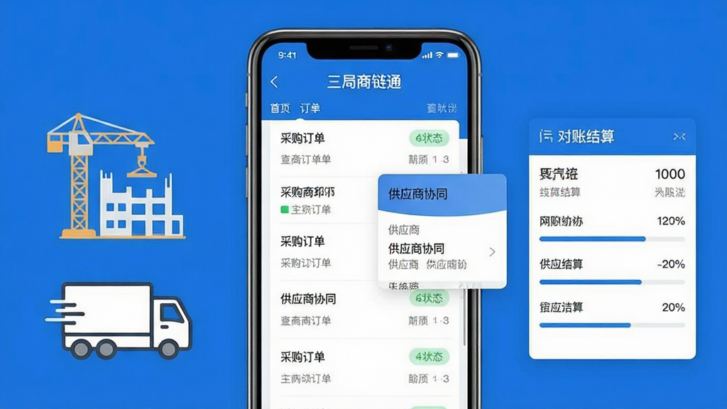 手机屏幕展示“三局商链通”应用主界面,画面中央为采购订单列表与供应商协同卡片,左侧放置建筑工地与货运卡车简笔图标,右侧为对账结算数据面板,整体采用蓝白商务配色,布局为居中对称式排版,风格简洁扁平化,细节包含状态标签与进度条,画质清晰,画面干净,无多余元素