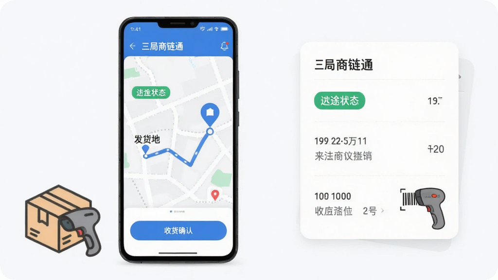 安卓手机展示“三局商链通”物流跟踪界面,画面主体为运输路线简图与收货确认按钮,地图上标注发货地与收货地两个节点,手机旁放置物流纸箱与扫码枪简笔图标,布局为手机居中偏左、右侧信息卡片,风格现代商务,细节包含在途状态标签与时间节点,画质清晰,画面干净,无多余元素