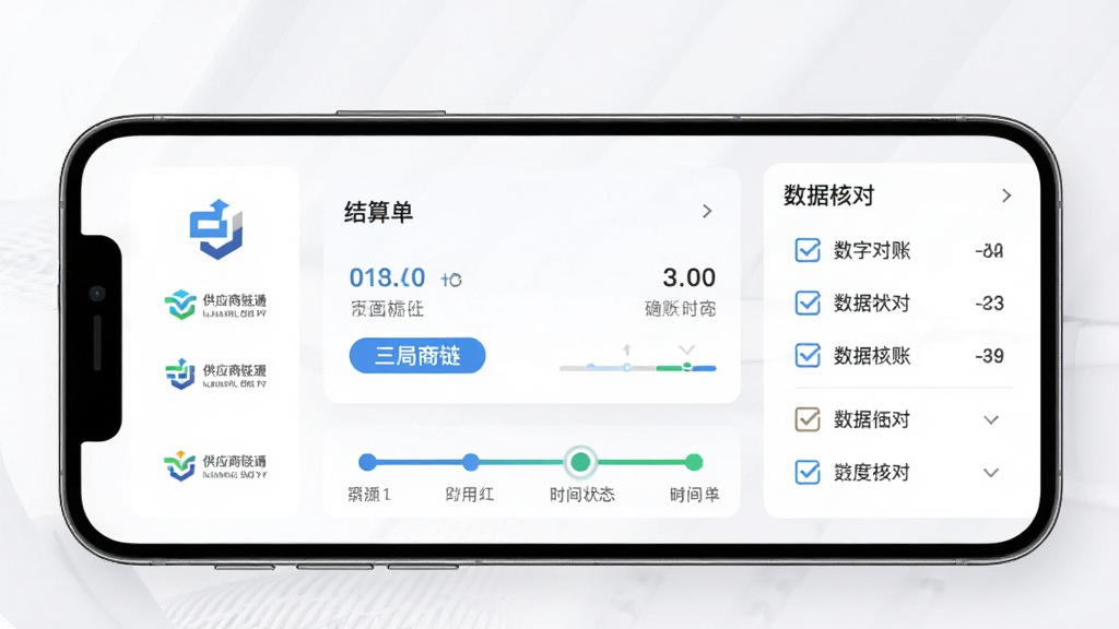 手机屏幕呈现“三局商链通”对账协同页面,画面中央为结算单卡片与确认状态时间轴,左侧为供应商企业标识简图,右侧为数据核对勾选列表,布局为上下分区排版,风格清爽商务,细节包含数字对账标识与进度节点,画质清晰,画面干净,无多余元素