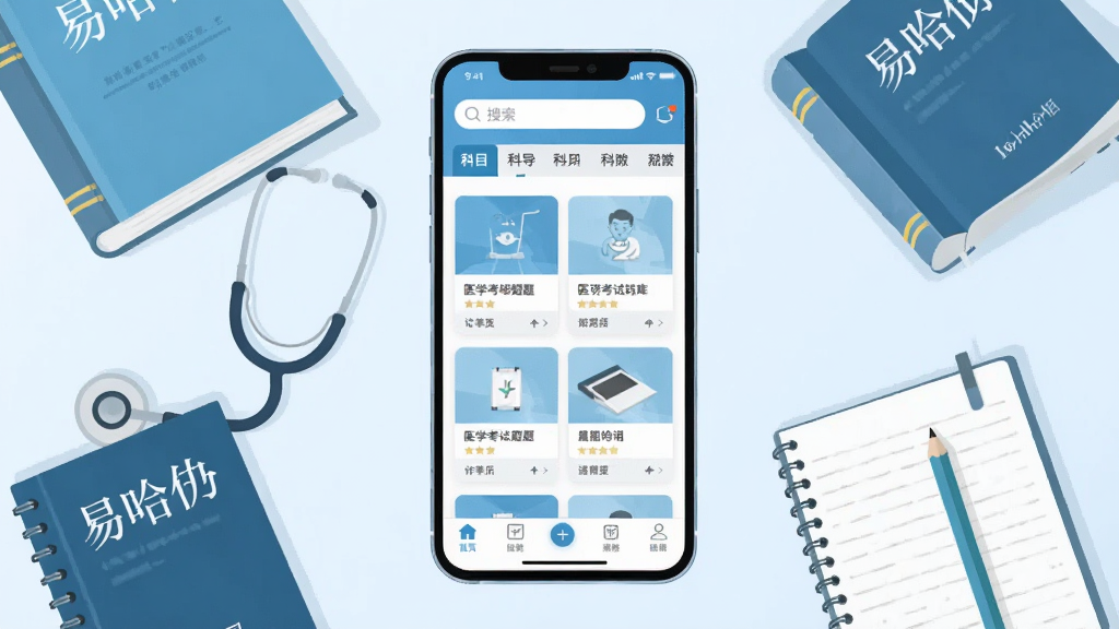 画面主体是一部竖屏智能手机,屏幕中央显示一款医学考试题库类应用的主界面,顶部有搜索框和科目分类标签,中间是卡片式题目练习入口,底部为导航栏,手机周围环绕着医学书籍、听诊器、笔记本和铅笔等学习元素,整体采用扁平化插画风格,浅蓝与白色为主色调,布局居中对称,细节干净利落,画面中可出现“易哈佛”字样,高清画质,背景简洁无多余装饰
