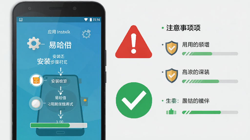 画面主体是一部安卓手机屏幕显示应用安装界面,旁边有一个红色警示图标与绿色对勾图标形成对比,背景为浅灰色,风格为扁平化信息图插画,布局采用左右分栏,左侧为安装步骤示意,右侧为注意事项列表,细节包括齿轮、盾牌和进度条元素,画面中可出现“易哈佛”文字,高清画质,画面干净无杂乱装饰