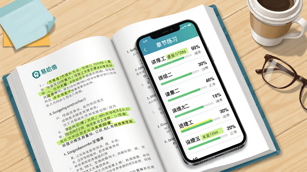 画面主体是一本翻开的医学教材与一部手机并排放置,手机屏幕上显示章节练习列表,每个章节条目带有进度条和正确率百分比,教材页面上有荧光笔标注的重点段落,背景为浅色木质桌面,风格为清新写实插画,构图采用对角线布局,细节包括便签纸、咖啡杯和眼镜,画面中可出现“易哈佛”文字标识,高清画质,画面干净整洁
