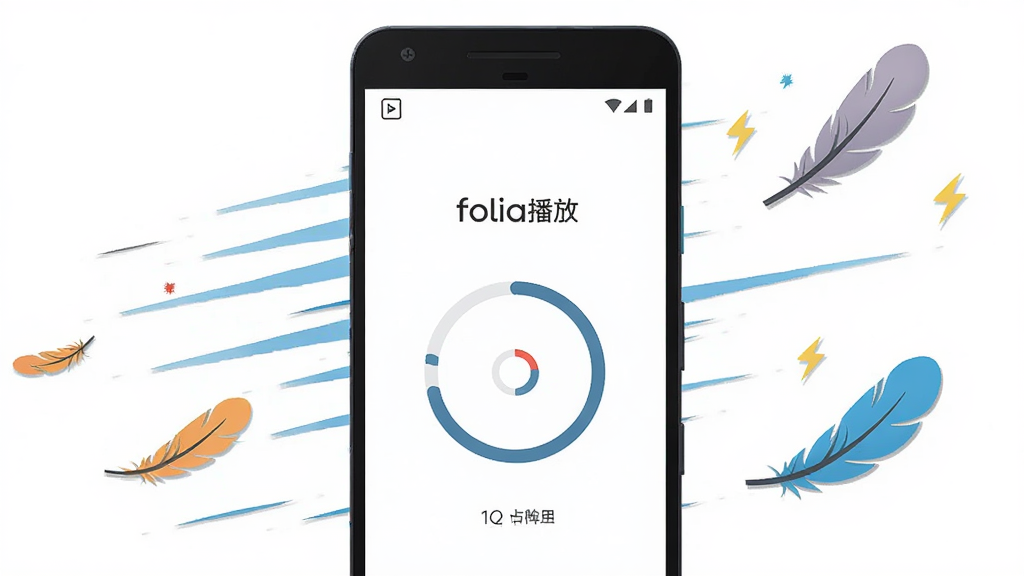 画面主体为一部安卓手机,屏幕中央显示“folia播放”启动界面与加载进度环,布局为手机居中、周围环绕轻量化的速度线条与羽毛图标,排版简洁,风格为扁平化插画,细节包含内存占用小图标与闪电符号,画质清晰,干净,无多余元素