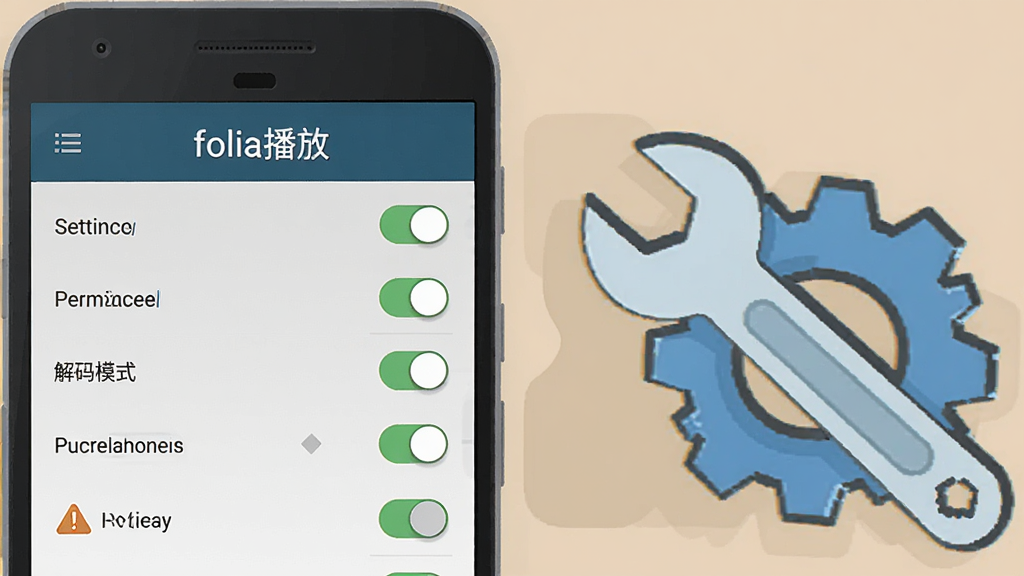 主体为一部安卓手机屏幕显示folia播放设置界面与权限开关列表,布局为手机正面展示、旁边配一个扳手与齿轮图标,排版上软件名称“folia播放”出现在界面顶部,风格为实用教程类扁平插画,细节包含权限开关、解码模式选项与警告感叹号图标,画质清晰,干净,无多余元素