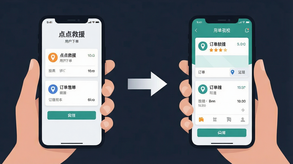 两名人物分别手持手机,左侧屏幕显示“点点救援”用户下单界面,右侧屏幕显示司机端接单界面,中间以箭头连接表示协同,布局左右对称,风格商务扁平插画,细节包含订单卡片与导航图标,画质高清干净,无多余元素