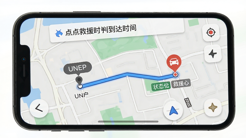 手机屏幕显示“点点救援”订单追踪地图界面,地图上有一条路线连接用户位置与救援车图标,顶部显示预计到达时间,布局以地图为主体,风格写实导航界面,细节包含路线高亮与状态标签,画质清晰干净,无多余元素