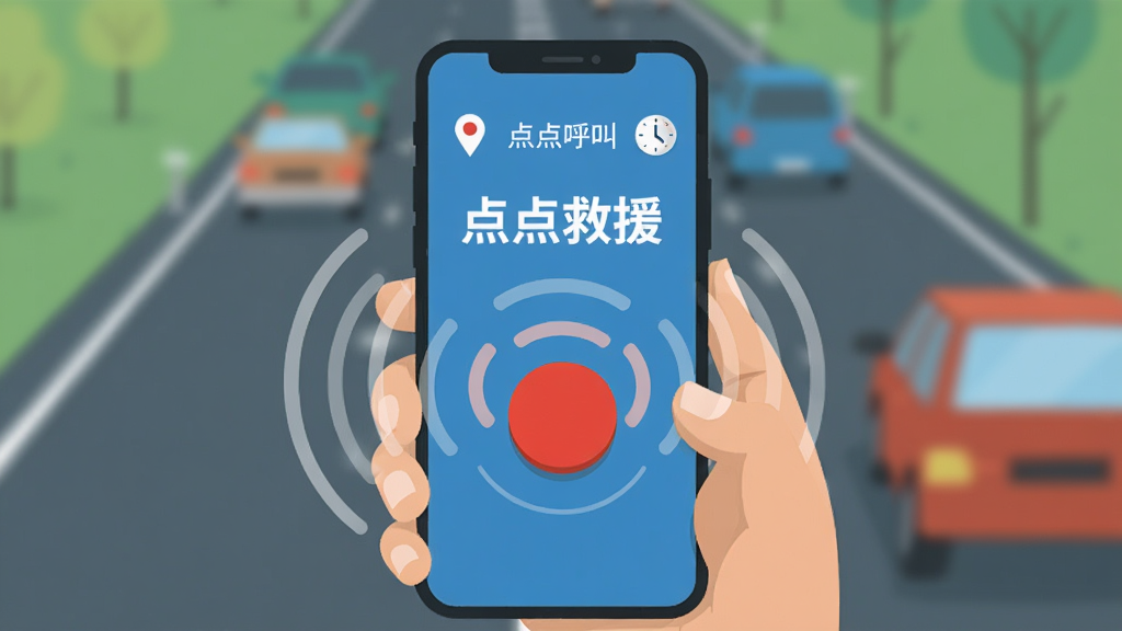 一只手握持手机,手机屏幕显示“点点救援”一键呼叫界面,红色按钮醒目,周围有向外扩散的信号波纹图形,背景为模糊的道路与车辆,布局突出手机与按钮,风格扁平化插画,细节包含定位图标与时钟符号,画质清晰干净,无多余元素