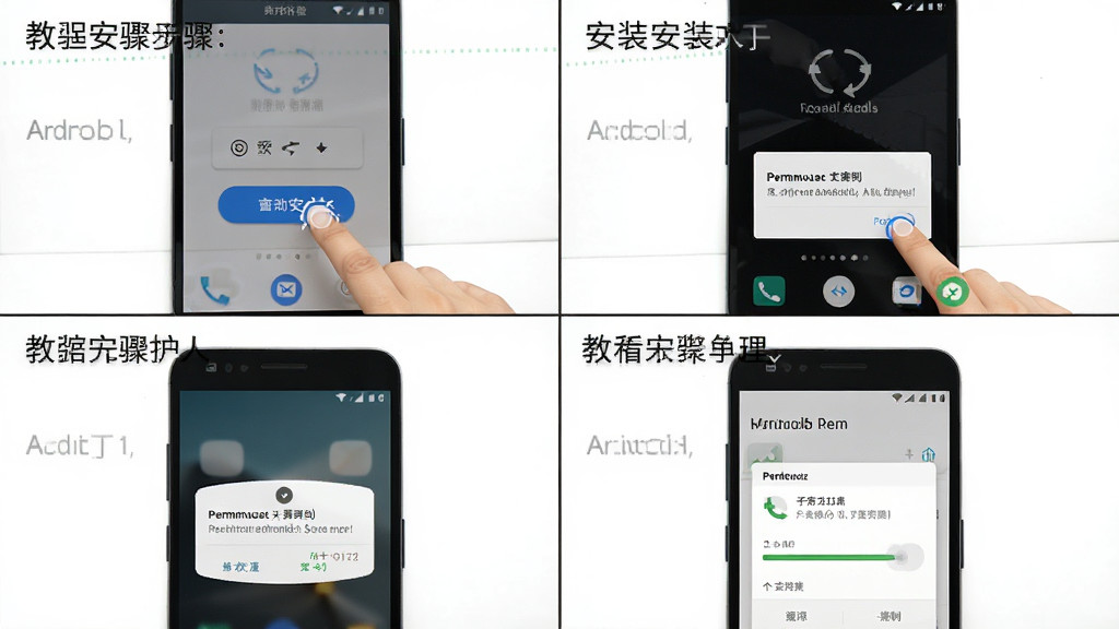 主体为安卓手机操作步骤示意图,布局为四格分镜展示安装流程,排版每格配简短文字说明,风格为教程图解风,细节包含点击按钮、权限弹窗、进度条等界面元素,画质清晰干净,无多余元素