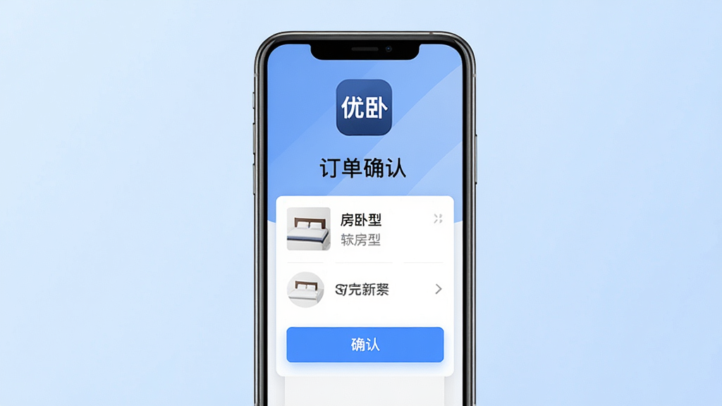主体为手机屏幕展示优卧软件订单确认页面,页面上有房型信息与确认按钮;布局为手机正面特写居中,背景为柔和渐变浅蓝色;排版为竖版构图,顶部显示“优卧”软件图标;风格为简洁商务风;细节为按钮高亮、文字排版整齐,整体色调沉稳;画质为高清、干净、无多余元素