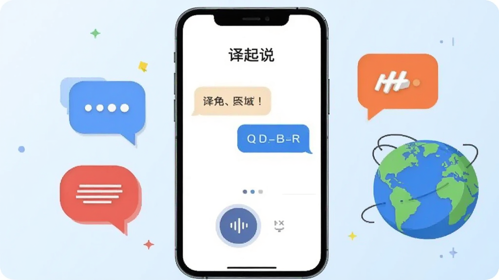 画面中央展示一部智能手机,手机屏幕上呈现“译起说”应用的主界面,界面中包含语音输入按钮与双语对话气泡。手机两侧分别漂浮着代表不同语言的对话图标与地球仪元素,背景为柔和的浅蓝色渐变。整体采用扁平化UI插画风格,构图居中对称,细节清晰,画质干净明亮,无多余装饰元素。