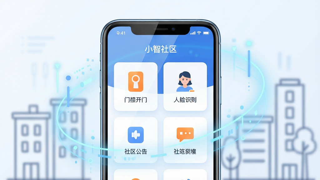 画面主体是一部智能手机,屏幕上显示着小智社区应用的首页界面,界面中包含门禁开门、人脸识别、社区公告等图标模块;布局采用居中对称构图,手机置于画面正中央,周围环绕着淡蓝色的数据光效与社区楼宇的简笔轮廓;排版上手机屏幕内容清晰突出,背景元素虚化处理;风格为现代科技感扁平插画风,色调以蓝白为主,辅以少量橙色点缀;细节上手机边框圆润,屏幕反光自然,背景光效柔和扩散;画质高清,画面干净,无多余元素,适合作为软件介绍配图