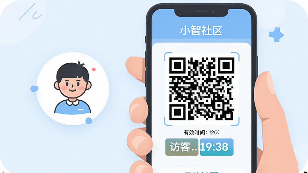 画面主体是一只手拿着手机,手机屏幕上显示小智社区的访客邀请页面,页面上有二维码与有效时间信息,手机旁边漂浮着一个卡通风格的访客小人图标;布局为手机居中偏右,访客图标在左侧形成呼应;排版简洁明了;风格为轻盈的扁平化插画,浅蓝与白色为主色调;细节上二维码纹理清晰,时间信息用醒目色块标注;画质高清,画面干净,无多余元素