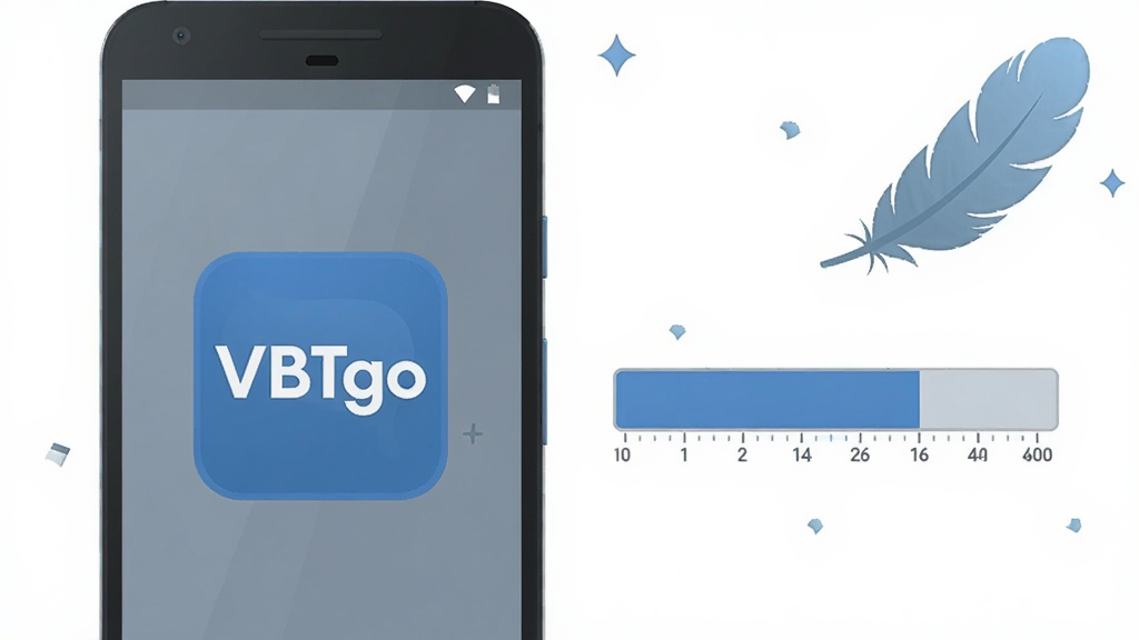 画面主体为安卓手机与存储空间示意图,手机屏幕显示“VBTgo”软件图标,旁边有容量条与羽毛元素象征轻量;布局为手机与容量条左右分布,羽毛点缀于画面一角;排版简洁,视觉重心在手机与容量条上;风格为扁平化信息图风,配色以蓝灰为主;细节上容量条刻度清晰,羽毛线条柔和;画质高清,画面干净,无多余元素。