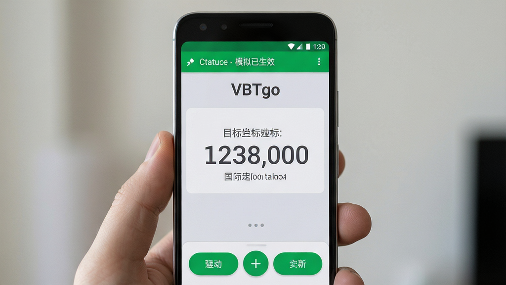 画面主体为安卓手机屏幕显示“VBTgo”主界面,顶部有绿色状态提示条显示模拟已生效,中部展示目标坐标数值,底部为操作按钮;布局为手机竖屏居中,屏幕内容层次分明;排版上状态条位于最上方,数值区域居中突出;风格为简约实用风,配色以白灰为底、绿色为状态强调色;细节上数值字体清晰,按钮圆角处理;画质高清,画面干净,无多余元素。