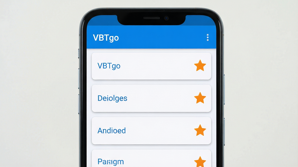 画面主体为安卓手机屏幕展示“VBTgo”收藏位置列表界面,列表中排列多个带名称的位置条目,每条右侧有星标图标,屏幕上方显示软件名称“VBTgo”;布局为手机居中,屏幕内容占据主要视觉区域;排版清晰,列表条目间距均匀;风格为清爽浅色UI风,配色以白底蓝字为主;细节上列表卡片带有轻微阴影,星标为橙色;画质高清,画面干净,无多余元素。