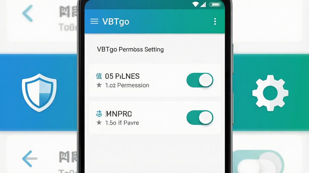 画面主体为安卓手机屏幕展示“VBTgo”权限设置界面,屏幕中列出位置权限与悬浮窗权限开关,旁边有盾牌与齿轮图标点缀;布局为手机居中,图标分列两侧;排版突出权限开关区域;风格为简洁设置界面风,配色以白底蓝绿为主;细节上开关按钮立体感自然,图标线条简洁;画质高清,画面干净,无多余元素。