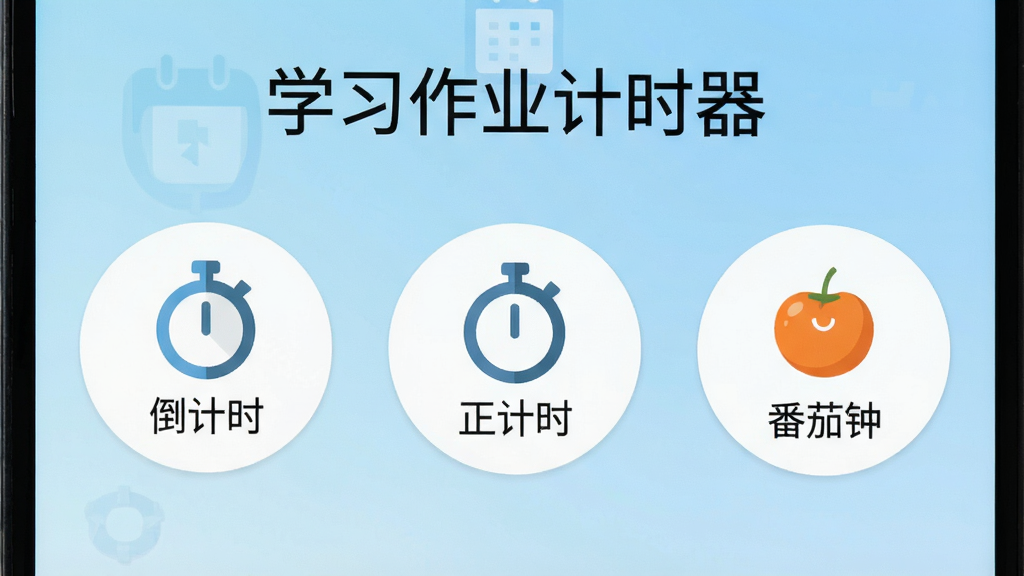 一部安卓手机屏幕特写,界面展示三个并排的圆形计时模式按钮,分别标注“倒计时”“正计时”“番茄钟”,按钮上方有“学习作业计时器”文字标题,背景为浅蓝色渐变,图标简洁扁平化,画面干净,画质清晰
