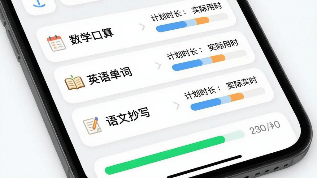 手机界面展示任务清单页面,列表中有“数学口算”“英语单词”“语文抄写”三条任务,每条任务右侧显示计划时长与实际用时对比,底部有绿色进度条,界面风格清爽圆角卡片式设计,背景干净,画质清晰