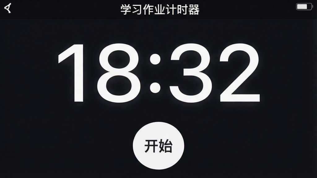 手机应用主界面截图风格,中央为大号白色数字“18:32”倒计时显示,下方有“开始”圆形按钮,顶部状态栏显示“学习作业计时器”名称,整体采用深色背景配高亮数字,界面极简无广告,画面干净,画质清晰