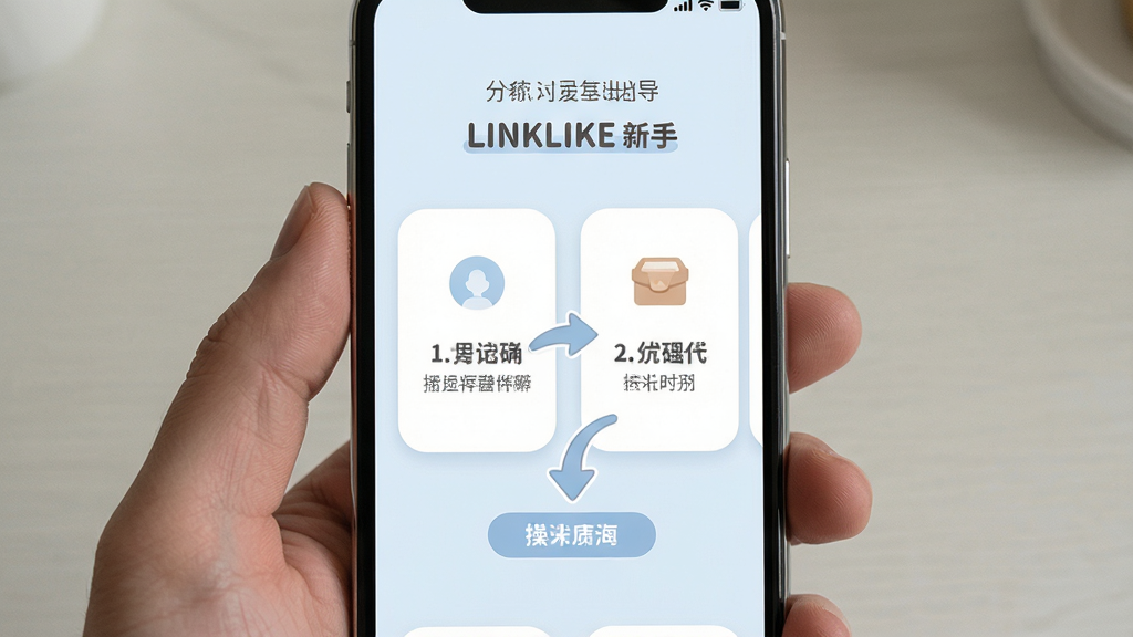 一张展示LINKLIKE新手引导页面的手机截图,画面中显示分步引导卡片与操作示意箭头,界面采用柔和圆角与浅色背景,风格清新友好,细节清晰,画质干净,无多余元素
