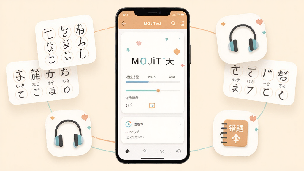 主体为一部竖屏安卓手机,屏幕中央显示MOJiTest应用主界面,界面包含日语单词卡片与进度条,手机周围环绕悬浮的日语五十音图卡片、听力耳机图标与错题本图标,整体布局居中对称,背景为浅米色渐变,风格清新扁平化学习类App宣传图,细节包含柔和阴影、圆角图标与日语假名装饰元素,画质高清干净无多余元素
