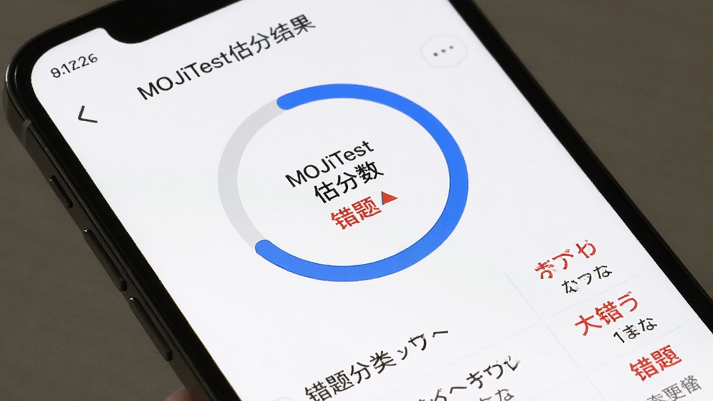 主体为手机屏幕特写,屏幕中展示MOJiTest估分结果页面,包含分数环形图与错题分类列表,布局为上下结构,风格简约现代教育类UI,细节包含蓝色进度环、红色错题标记与日语文字标签,画质清晰干净无杂乱元素