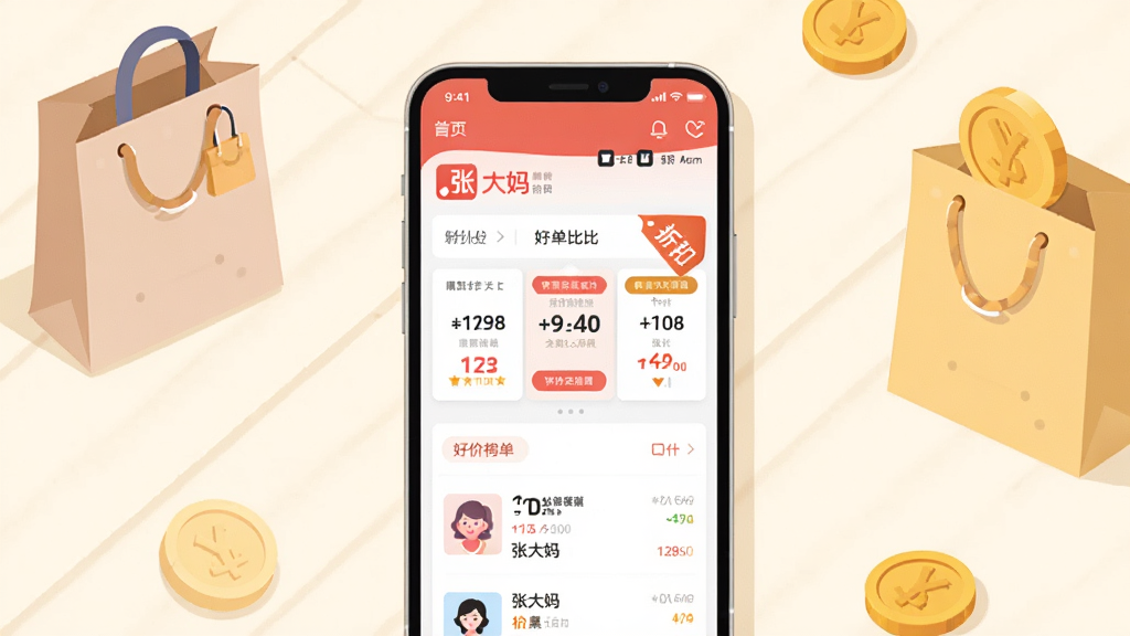 画面主体为一款智能手机,屏幕中显示购物比价应用界面,界面中央有醒目的价格对比卡片与折扣标签,布局为手机居中放置于浅色桌面,周围点缀购物袋与金币元素,排版简洁清晰,风格为现代扁平化插画,细节包括屏幕上的