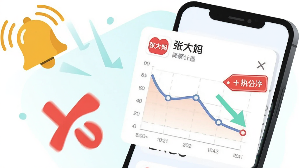 画面主体为一部手机弹出降价提醒通知,屏幕中显示价格曲线图与