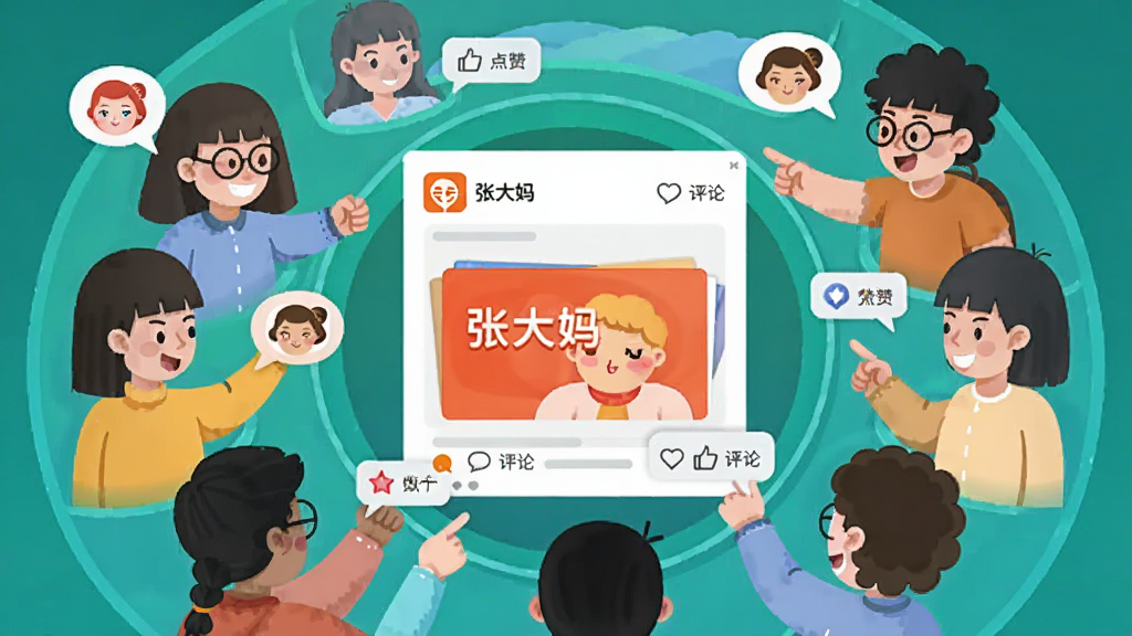 画面主体为多位卡通用户围绕一个中央信息流界面互动,界面中显示爆料卡片与点赞评论图标,布局为环形围绕式构图,排版热闹有序,风格为社交化扁平插画,细节包括