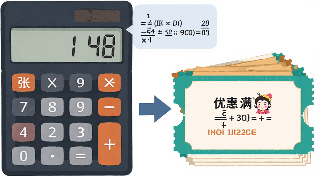 画面主体为计算器与优惠券组合的创意图形,布局为左侧计算器右侧券堆叠,中间以箭头连接,排版简洁直观,风格为商务扁平插画,细节包括