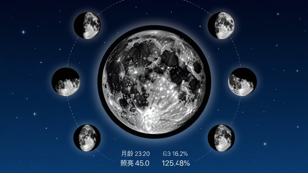 日出日落月相软件月相追踪界面,画面中央为一个大尺寸月相圆盘展示盈凸月形态,周围环绕八个小月相图标组成环形时间轴,下方显示月龄天数与照亮百分比数值,背景为深蓝色夜空与稀疏星点,布局居中环形排版,风格天文科普视觉,细节包括月面环形山纹理与柔和光晕,画质高清,画面干净,无多余元素