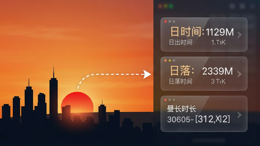 日出日落月相软件功能展示图,画面左侧为城市天际线剪影与一轮红日从地平线升起,右侧为软件数据面板显示日出时间、日落时间与昼长时长,中间用虚线箭头连接,布局左右分栏,风格现代科技感,细节包括渐变橙色天空与半透明数据卡片,画质高清,画面干净,无多余元素