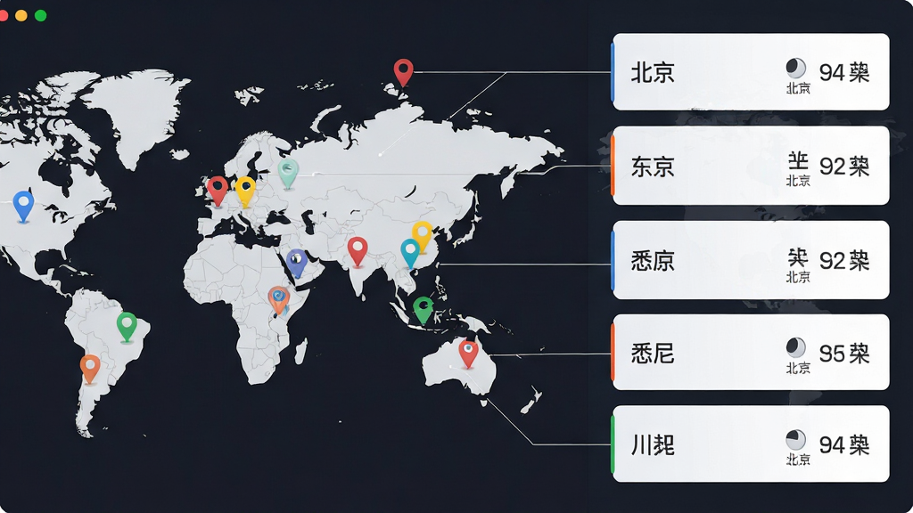 日出日落月相软件多城市切换界面,画面左侧为世界地图轮廓与多个定位标记点,右侧为城市列表卡片显示北京、东京、悉尼等城市名称与对应日出时间,中间以细线连接地图标记与列表项,布局左右联动式,风格商务信息图表,细节包括浅灰色地图底纹与彩色定位图钉,画质高清,画面干净,无多余元素