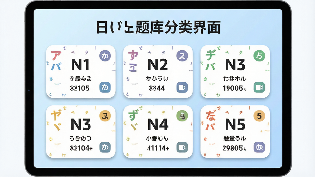 一张展示日语题库分类界面的信息图,画面主体为平板电脑屏幕,屏幕上以网格形式排列“N1”“N2”“N3”“N4”“N5”五个级别卡片,每张卡片配有不同颜色的日文假名装饰与题量数字,背景为淡蓝色渐变,布局为上方标题下方五宫格,风格为扁平化教育类UI,细节包括卡片圆角与图标阴影,画质高清,干净,无多余元素