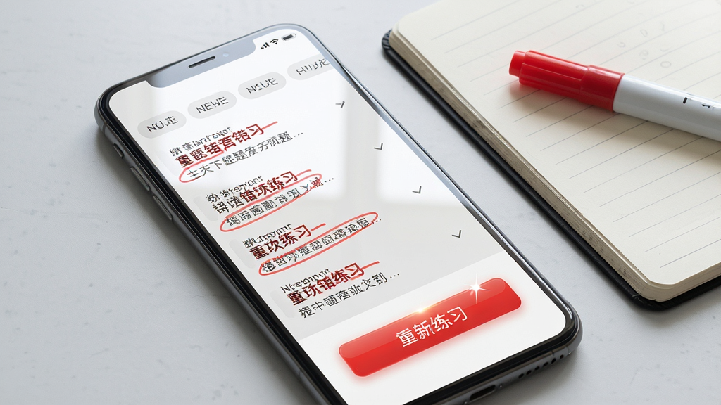 一张展示错题本界面的产品图,画面主体为手机屏幕,屏幕上显示红色标记的错题列表与“重新练习”按钮,顶部有筛选标签,背景为浅灰色桌面,旁边放置一本翻开的笔记本与红色马克笔,风格为写实产品摄影,细节包括屏幕反光与按钮高光,画质高清,干净,无多余元素